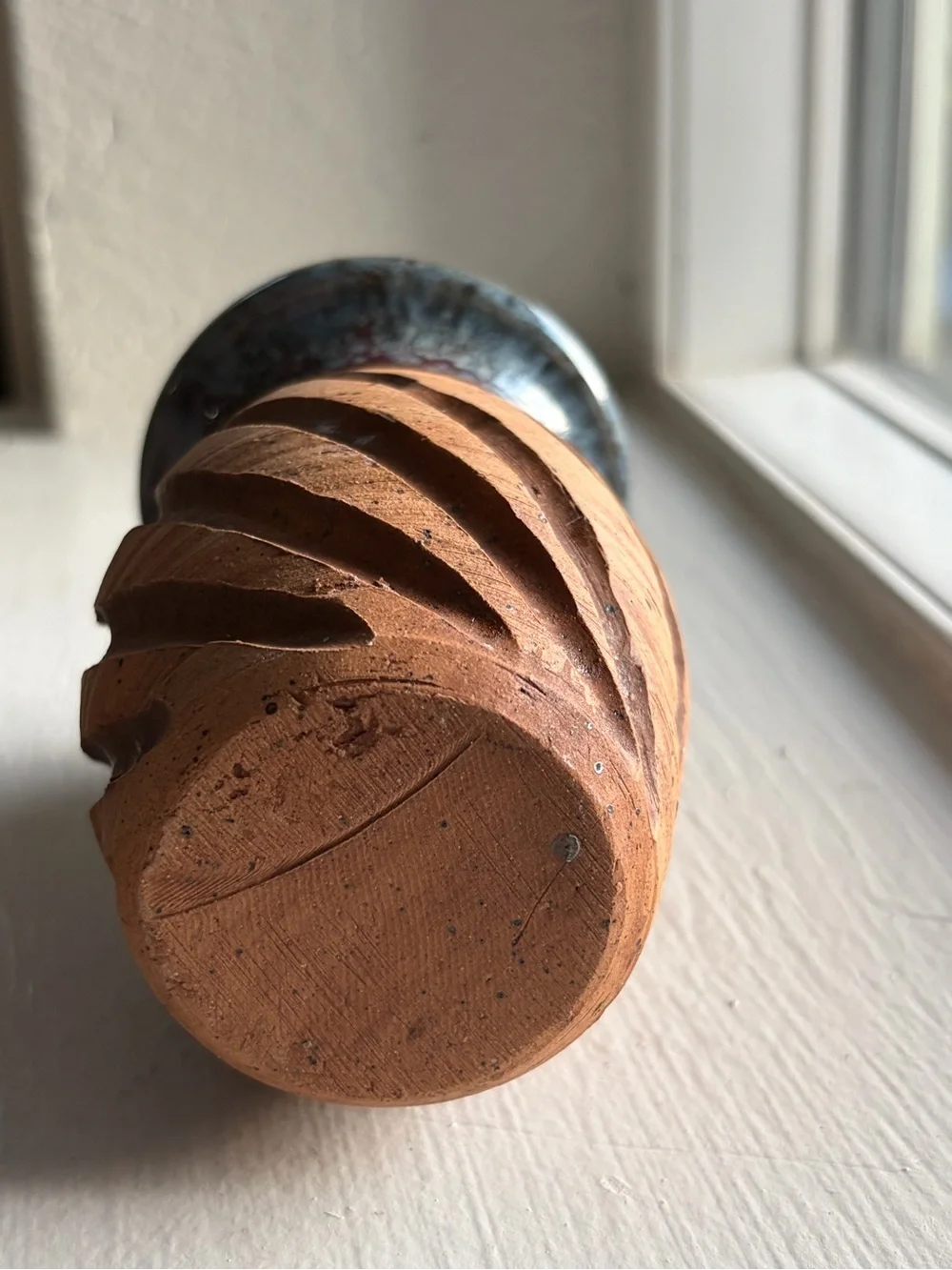 Handcrafted Studio 4.5” Pottery Bud Vase Carved Spiral Pattern Drip Glaze Rim